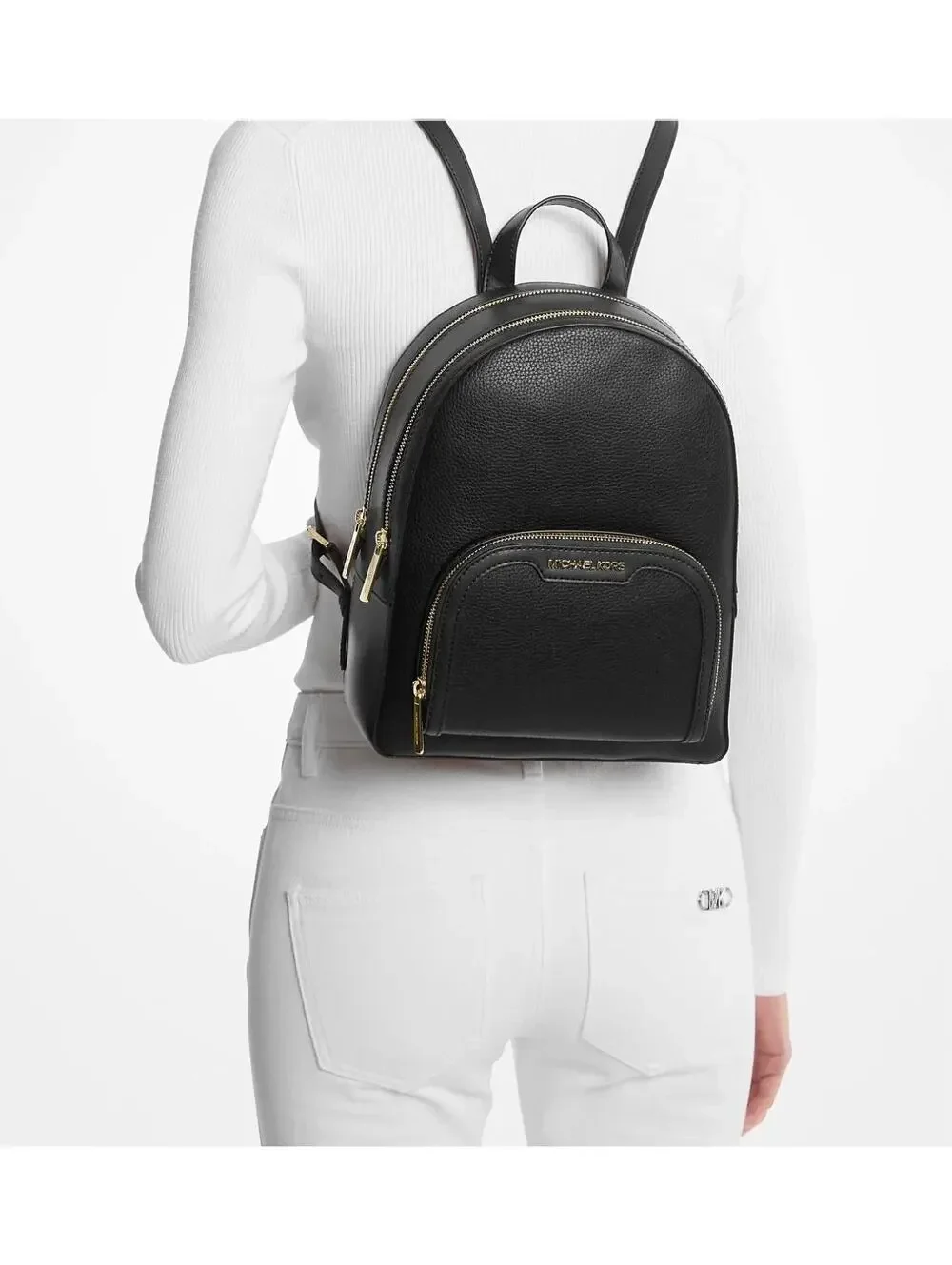 Michael Kors Black Jaycee Women's Zip Pocket Pebbled Leather Medium  Backpack